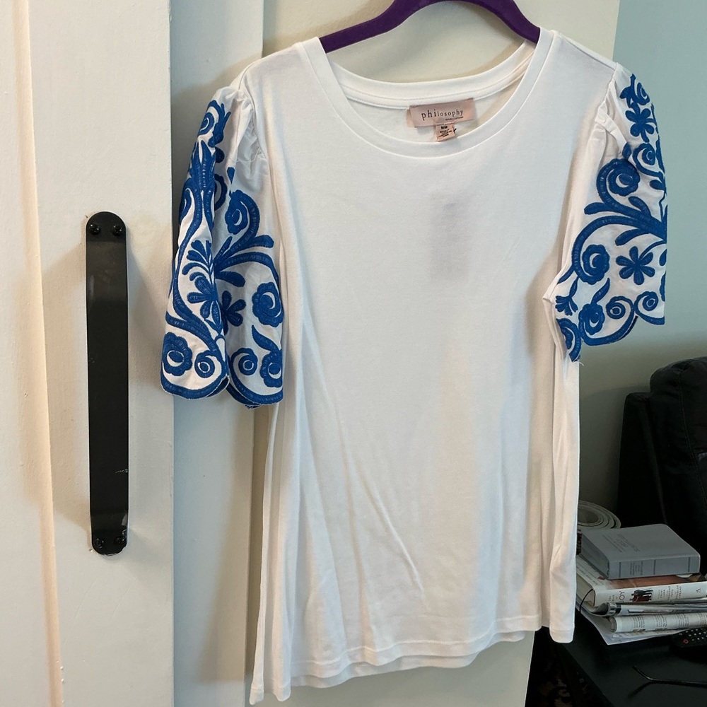 3.1 Phillip Lim White Tee with Blue Embroidered Sleeves